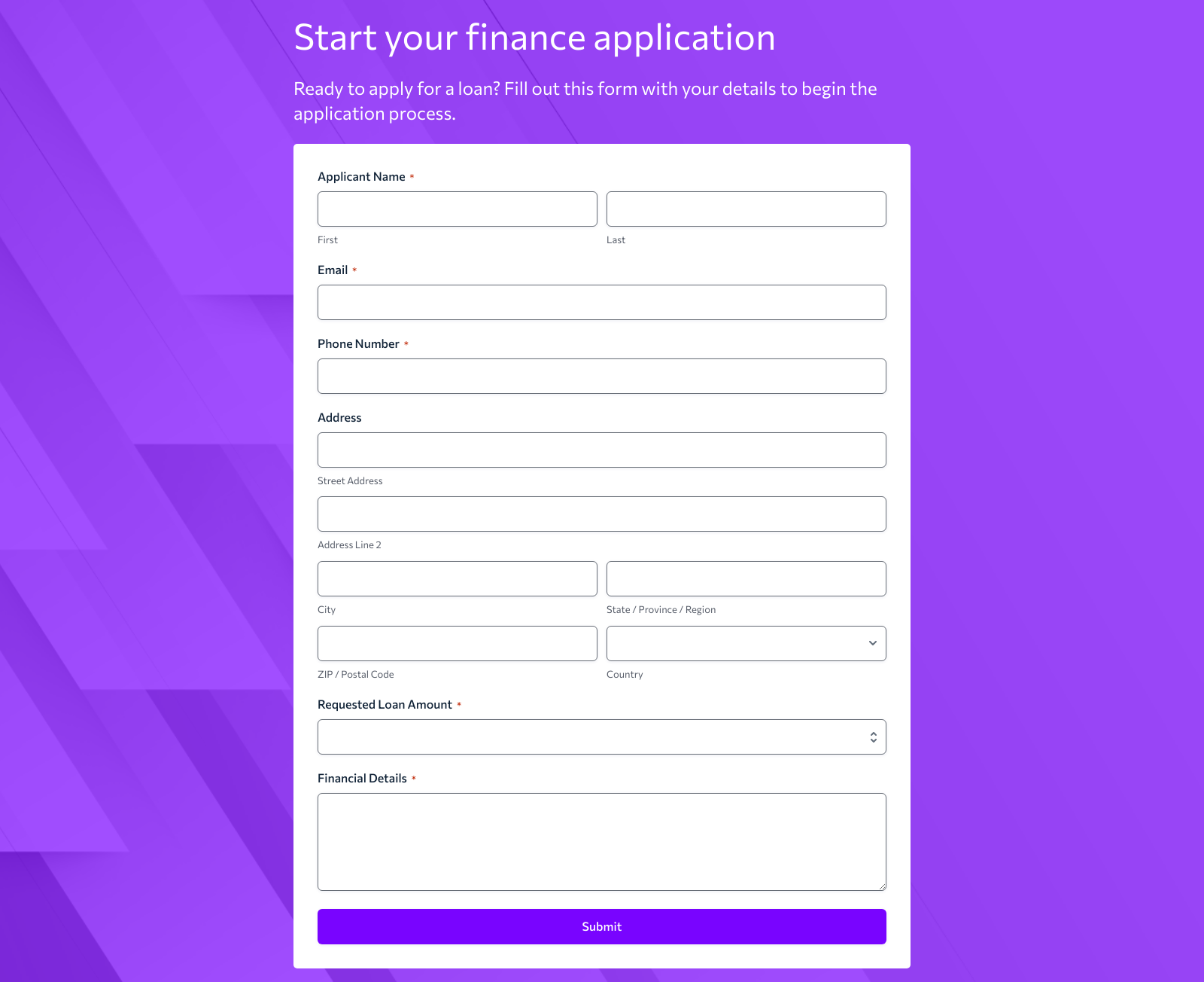 Finance Application Form Template showing fields for applicant information and submit button.