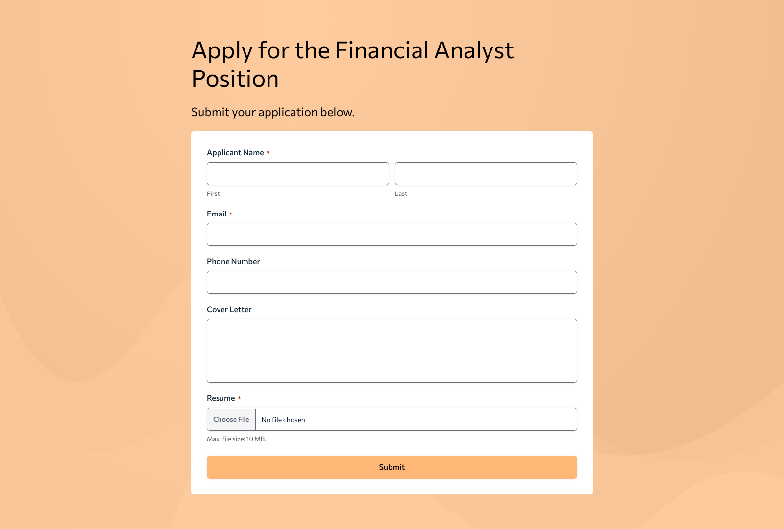 Financial Analyst Job Application Form Template with fields for candidate details and submit button.