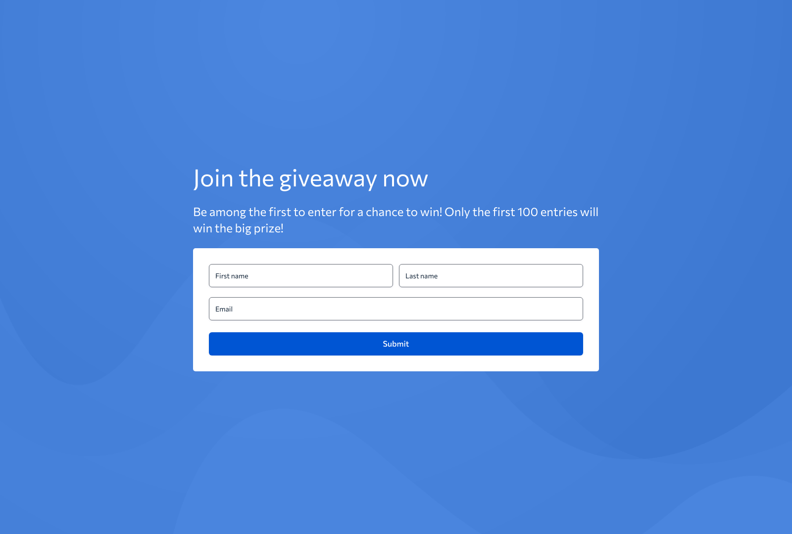 First Come First Win Giveaway Template with fields for participant details and submit button.