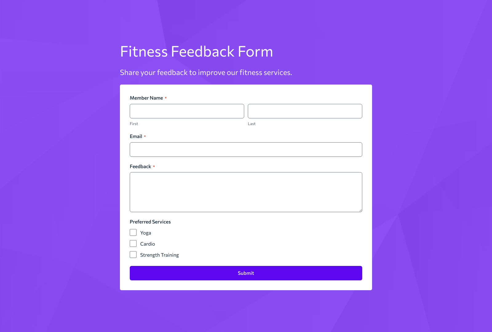 Fitness Feedback Form Template showing fields for gym feedback, submit button, and customizable layout.