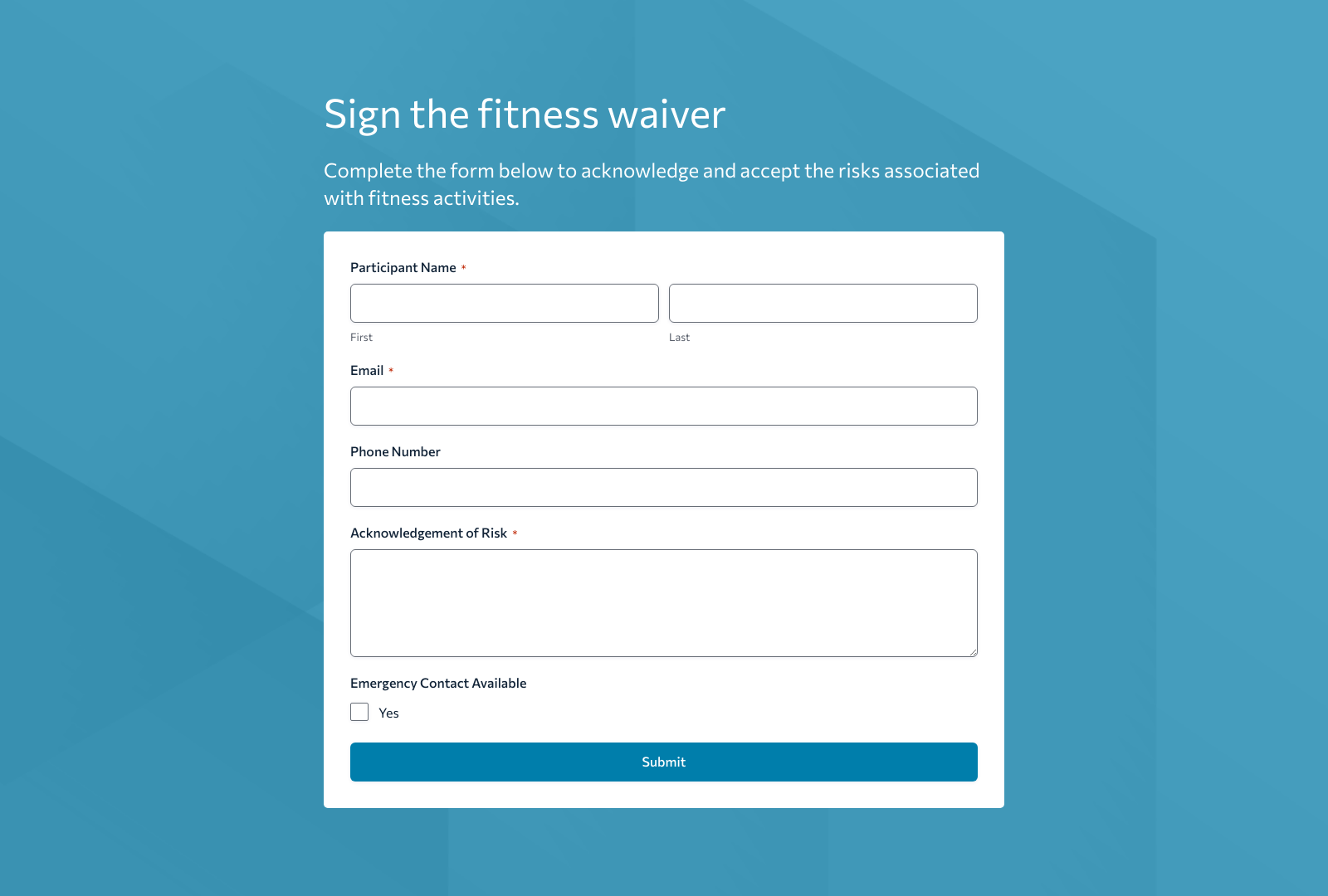 Screenshot of Fitness Liability Waiver Form Template with fields for participant info and liability terms.