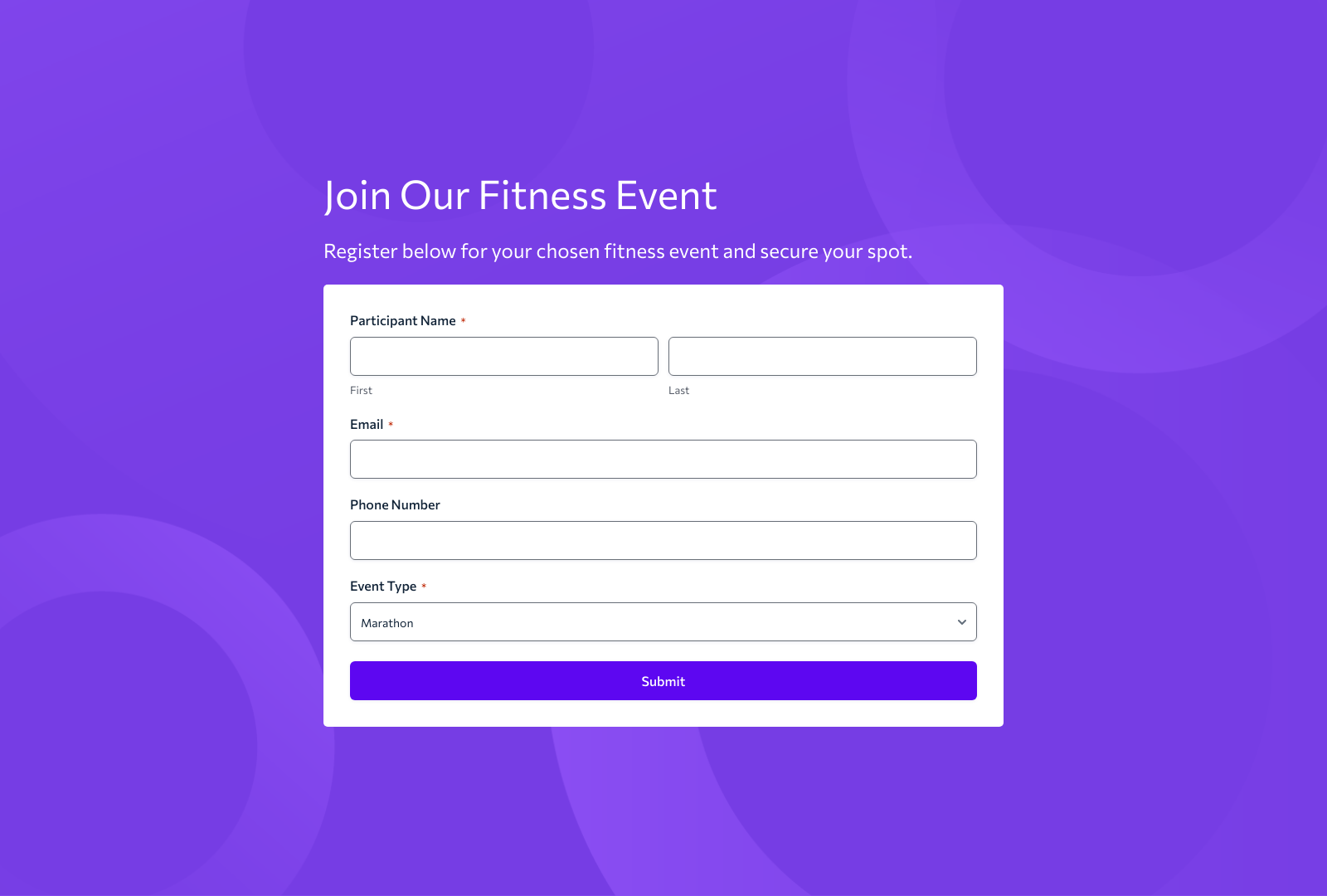Fitness Registration Form Template with participant fields, submit button, and customizable layout.