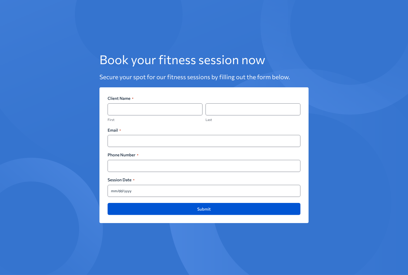 Screenshot of Fitness Session Booking Form Template featuring input fields and submit button for booking fitness sessions.