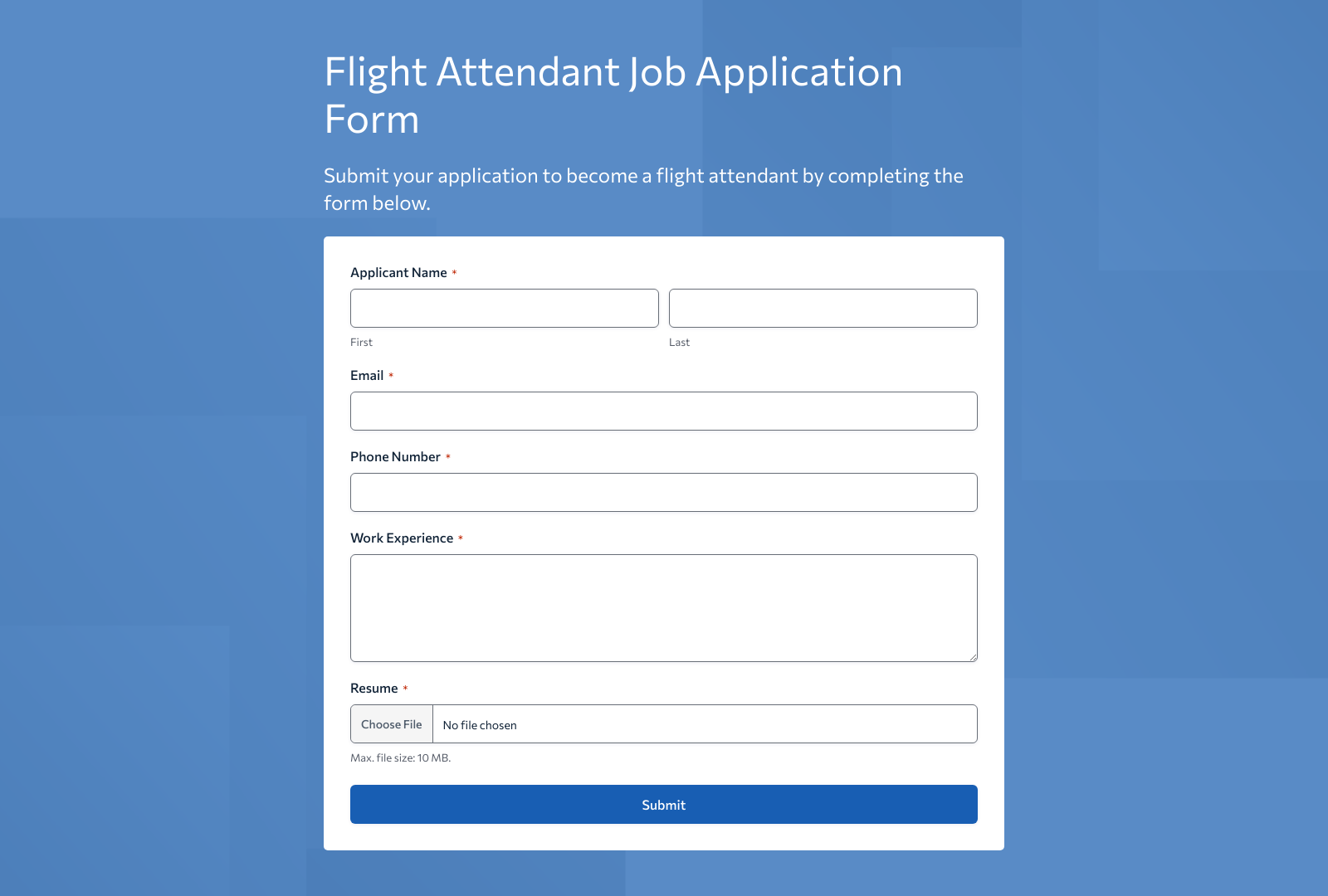 Flight Attendant Job Application Form template with fields for personal details, experience, and submit button.