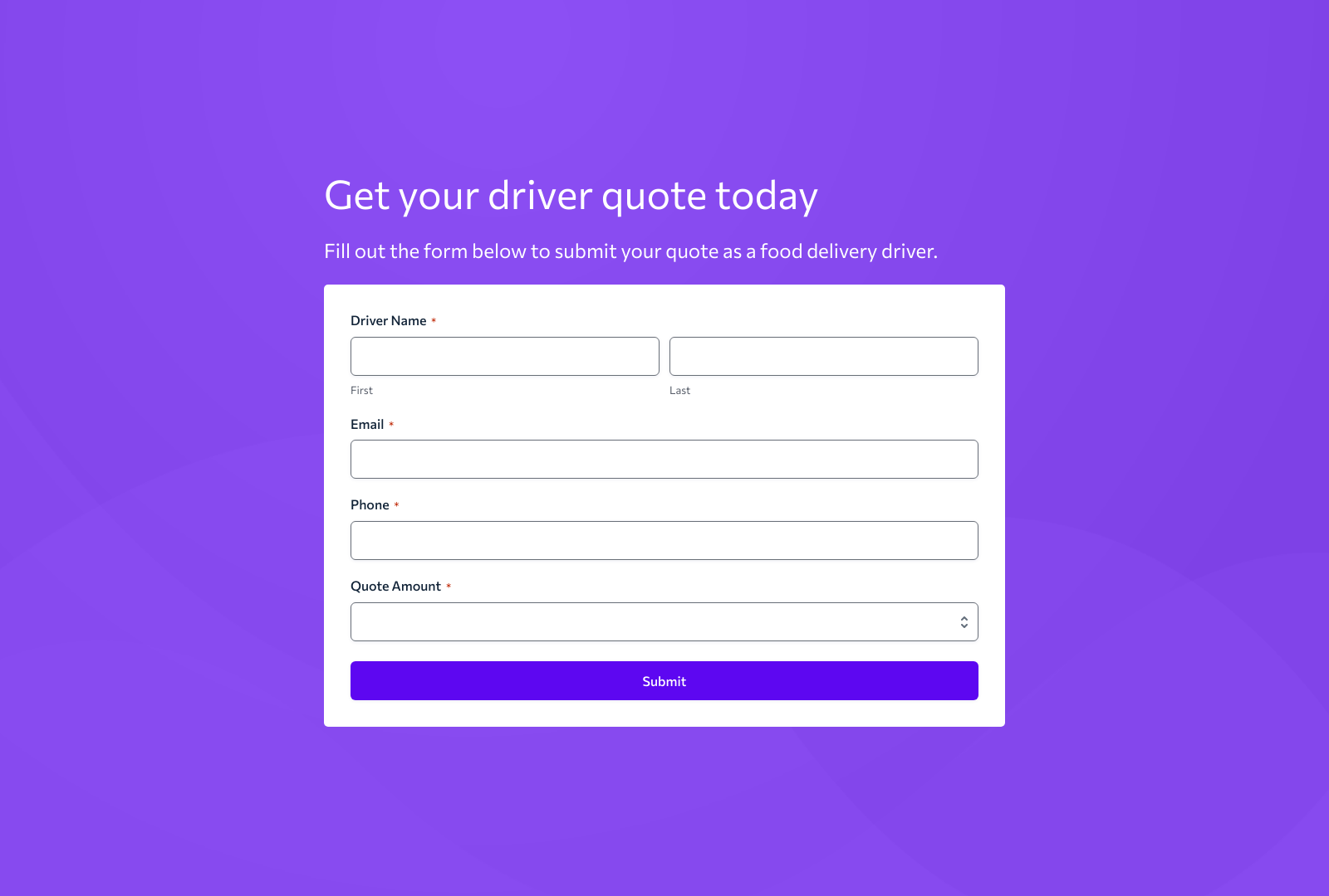 Screenshot of Food Delivery Driver Quote Form Template with fields for driver details and buttons for submission.