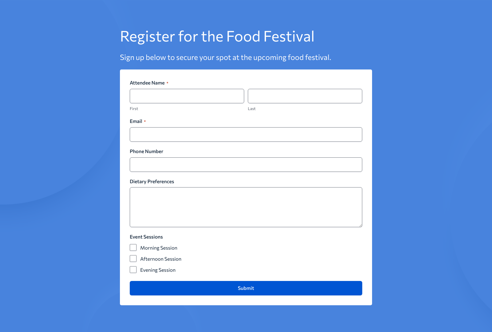 Food Festival Registration Form Template showing fields for name, email, and preferences, with a submit button.