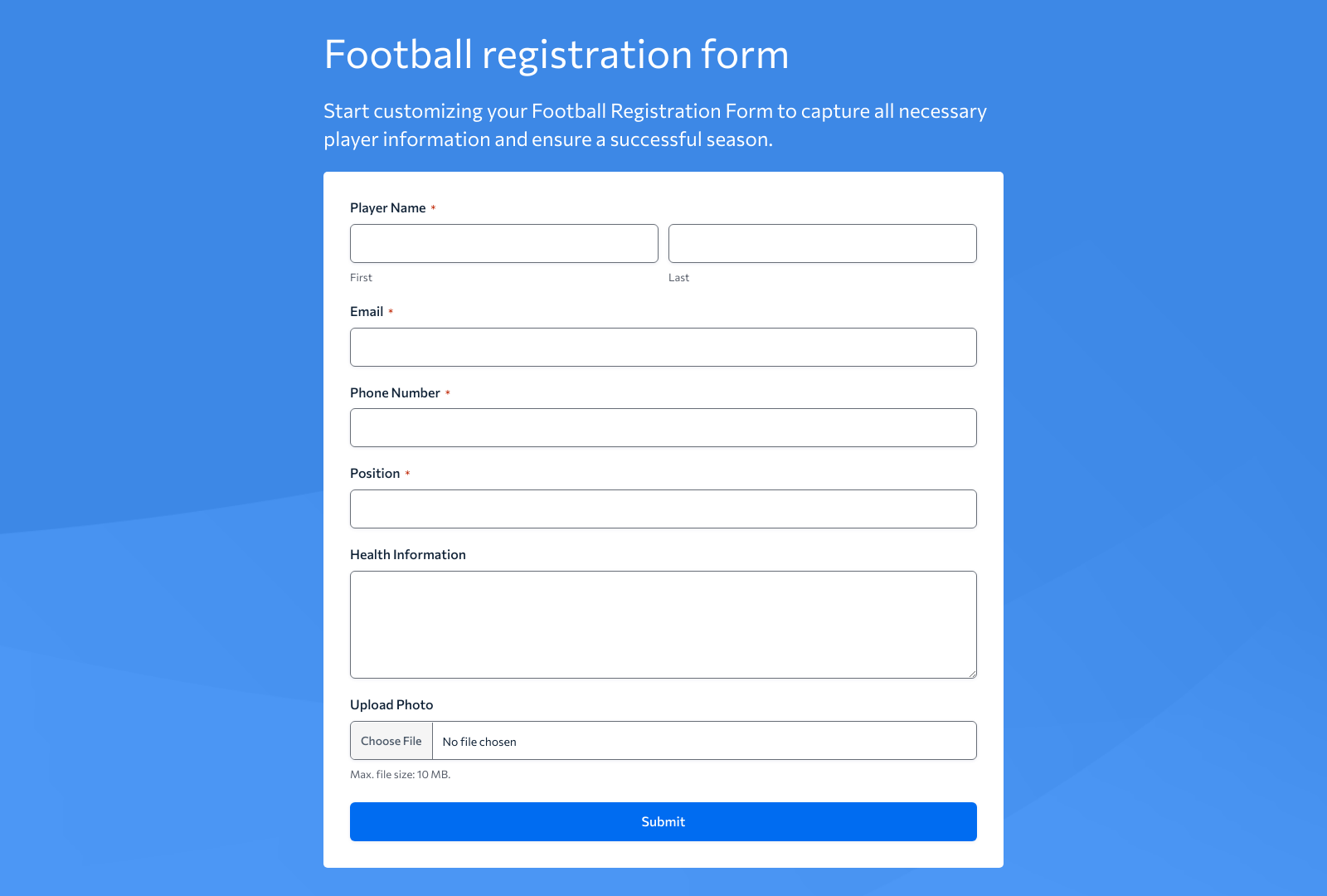 Football Registration Form Template with fields for player info, contact details, and submit button.