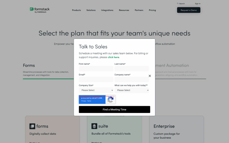 Formstack Pricing Landing Page Example