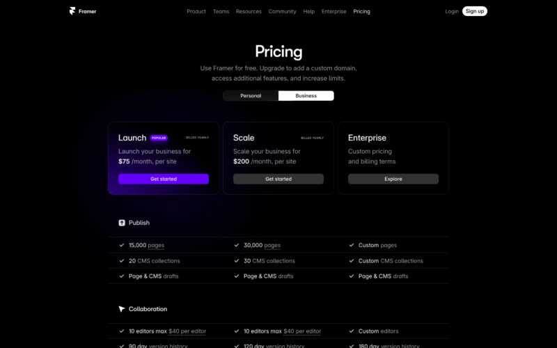Framer Pricing Landing Page Example