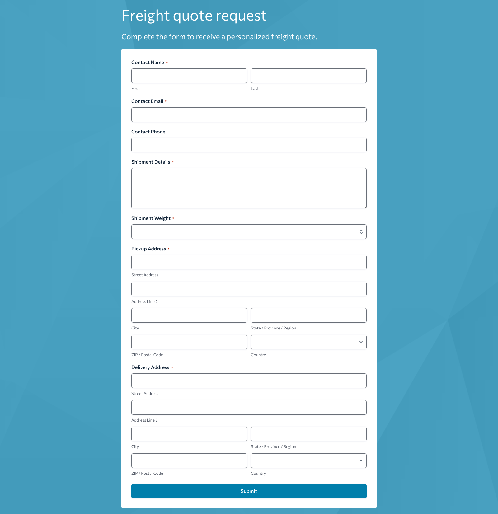 Freight Quote Form Template with fields for shipment details and buttons for submission.