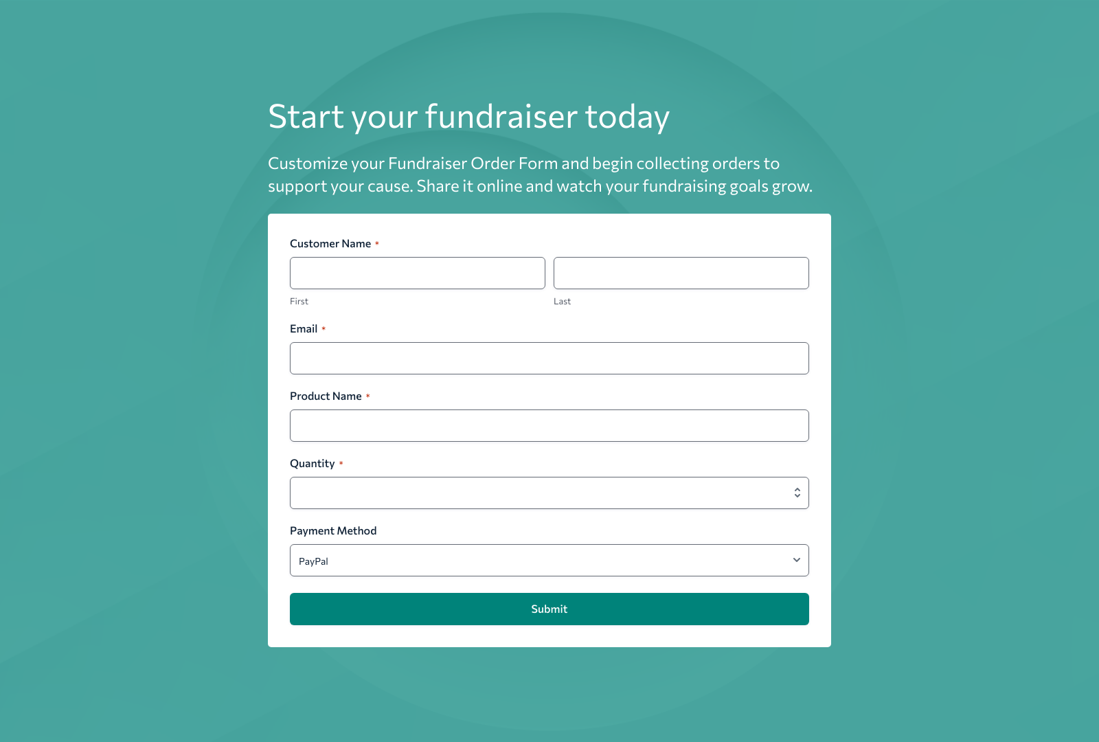 Fundraiser Order Form Template screenshot showing fields for product selection, quantity, and payment details.