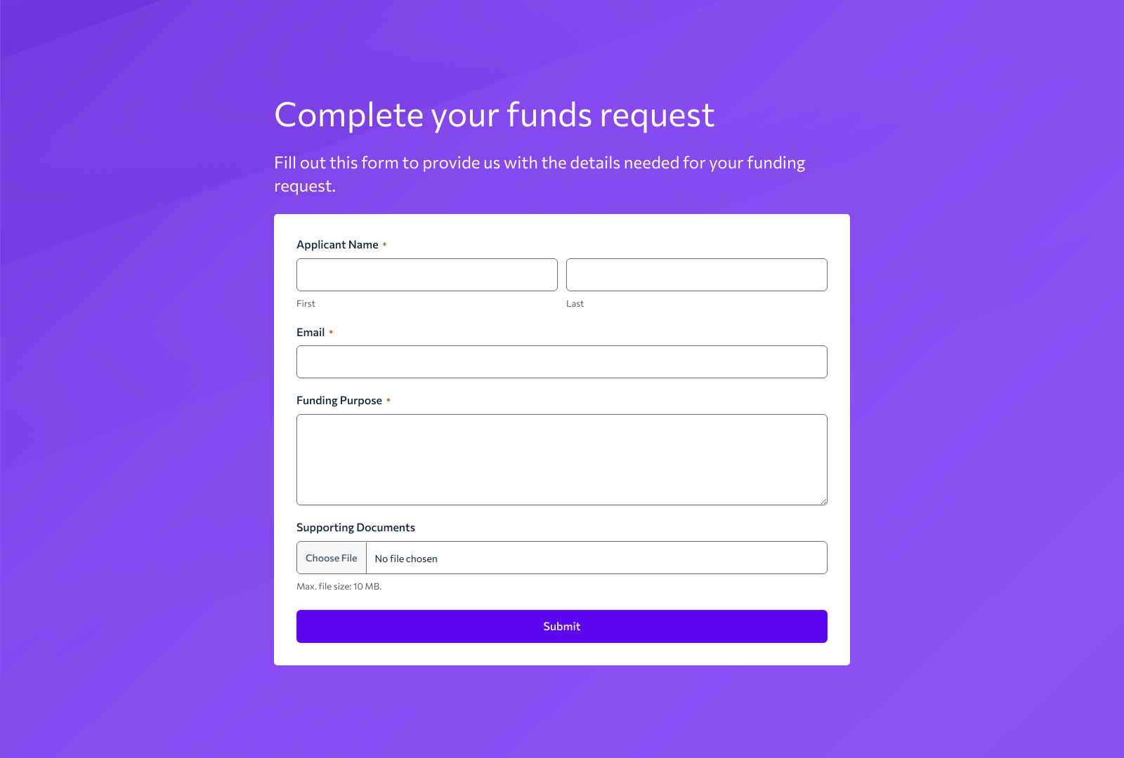 Funds Request Form Template showing fields for financial details and objectives with submit button.