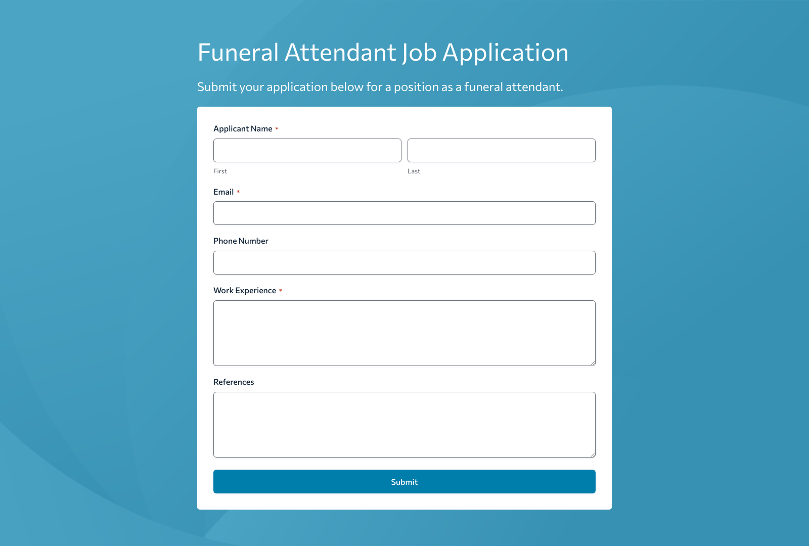 Funeral Attendant Job Application Form Template with fields for personal info, experience, and submit button.