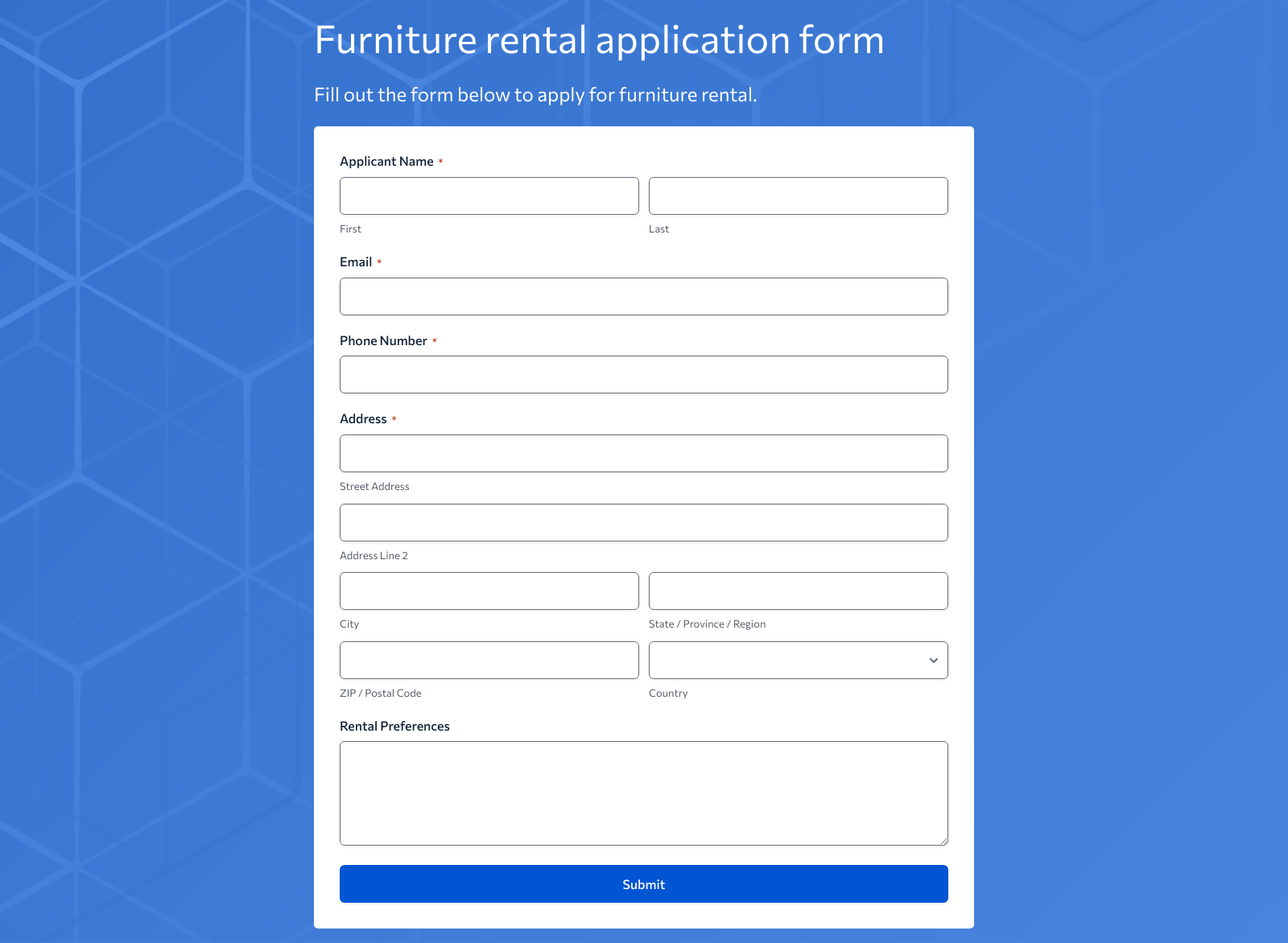 Furniture Rental Application Form Template showing fields for applicant details and submit button.
