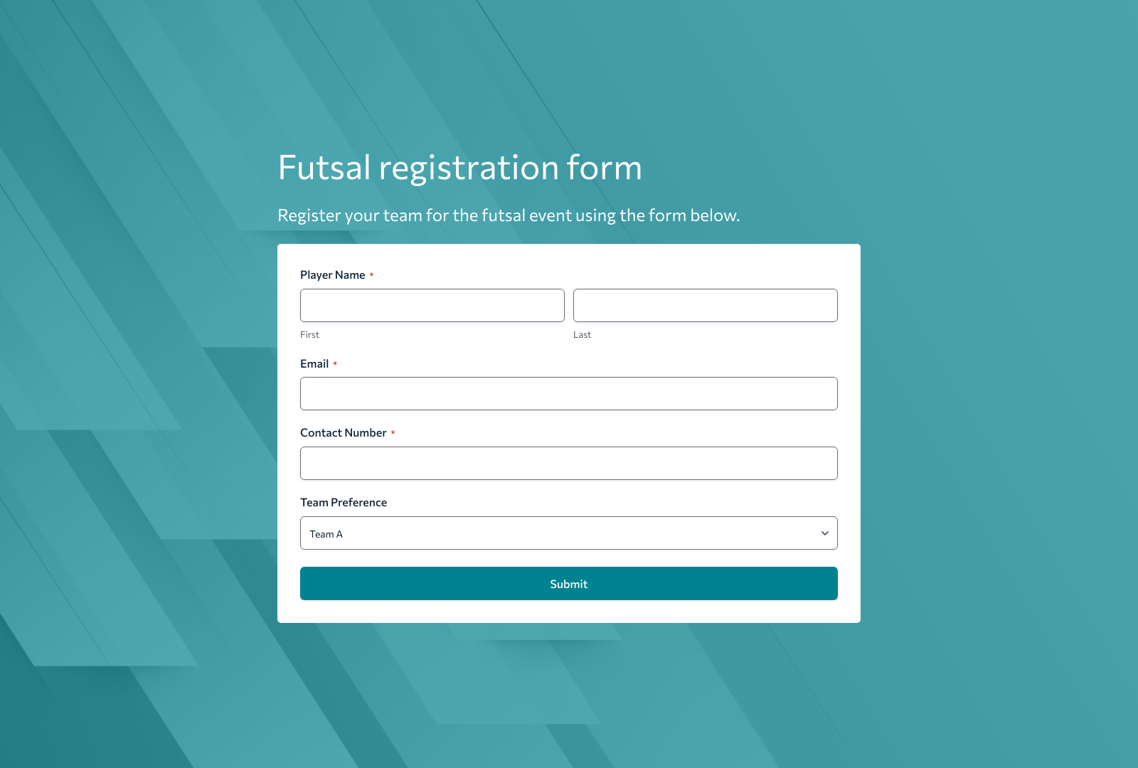 Futsal Registration Form Template with fields for participant details and submit button.