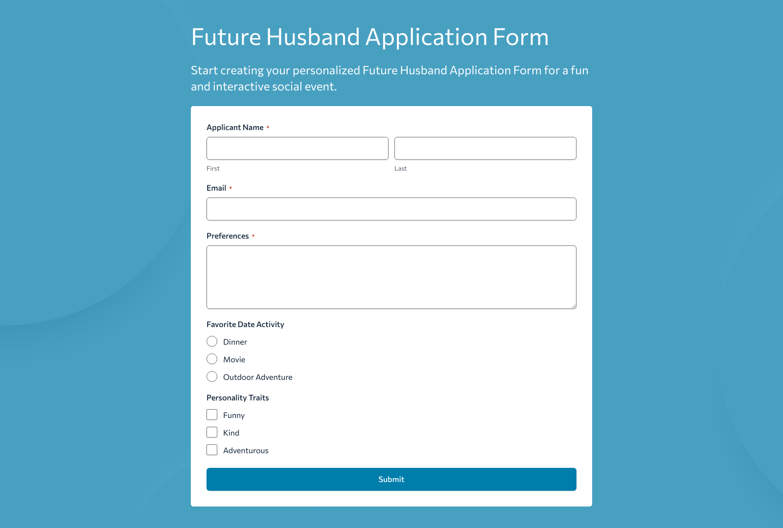 Future Husband Application Form Template showing fields for preferences and a submit button.