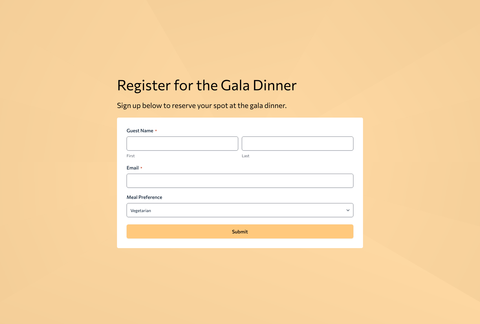 Gala Dinner Registration Form Template with fields for guest name, email, and dietary preferences.