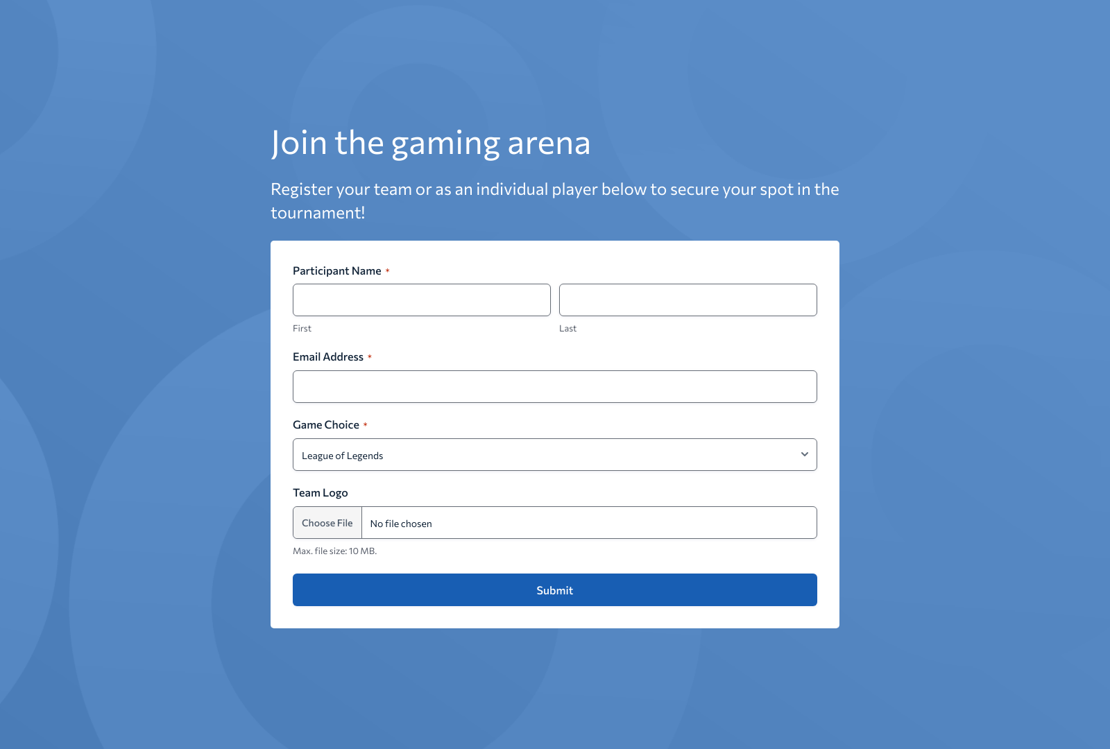 Screenshot of Gaming Tournament Registration Form Template with fields and buttons for eSports entry.