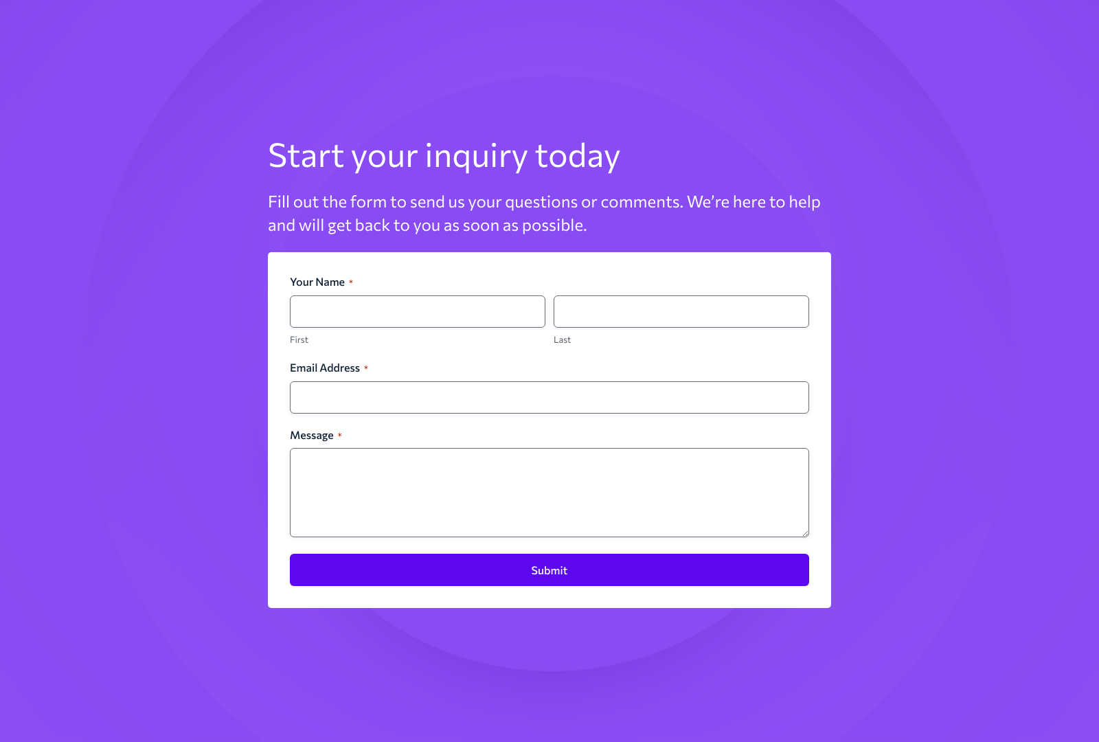 General Inquiry Contact Form Template with fields for name, email, message, and submit button.