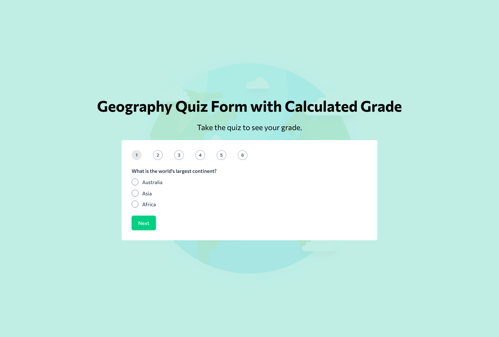 Geography Quiz Template screenshot with quiz fields and start button.