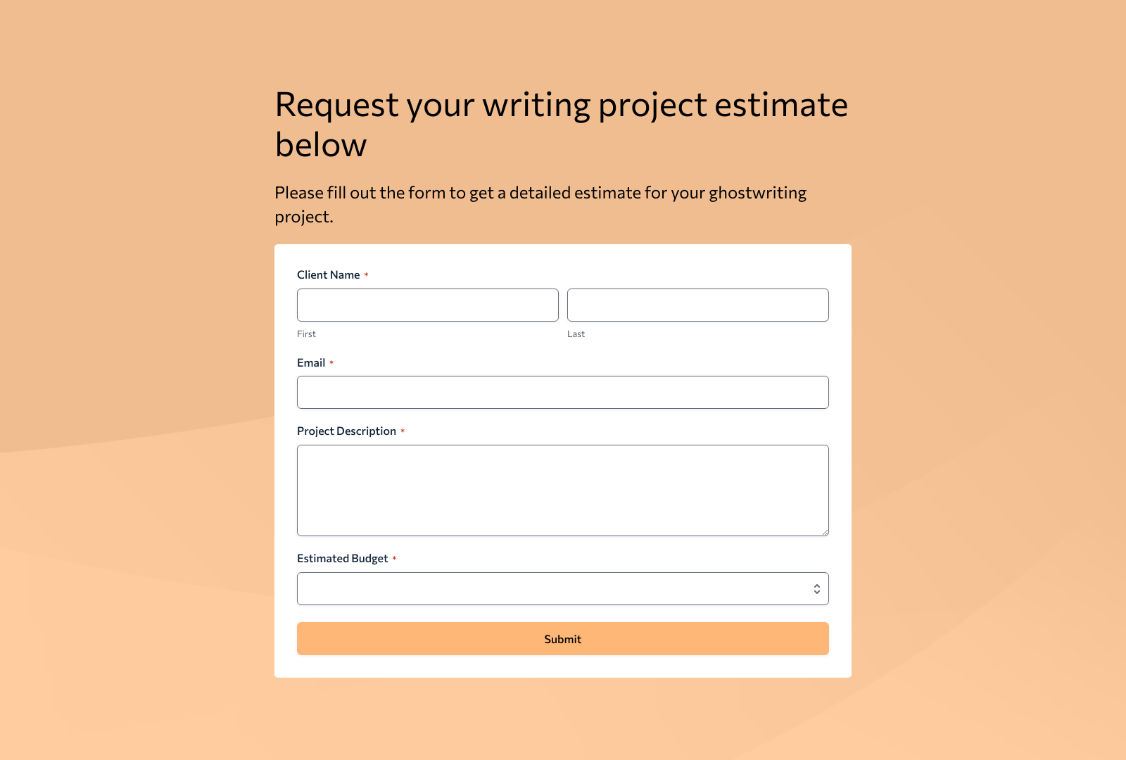 Ghostwriter Estimate Form Template with fields for client details, project scope, and pricing options.