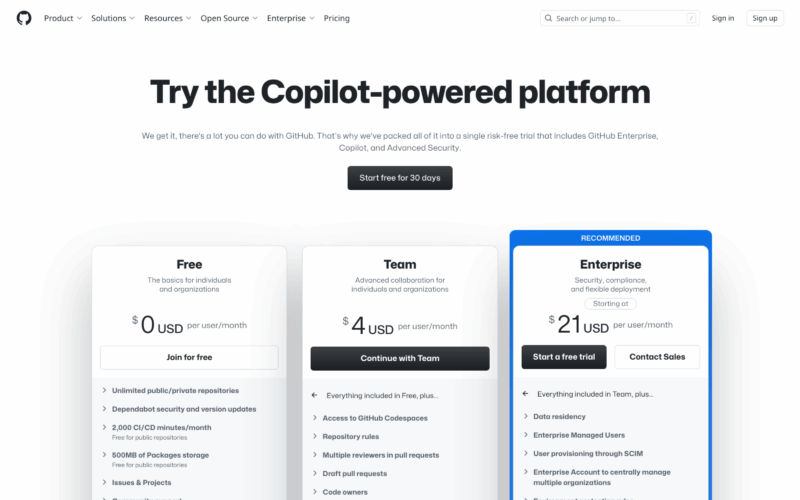 GitHub Pricing Landing Page Example