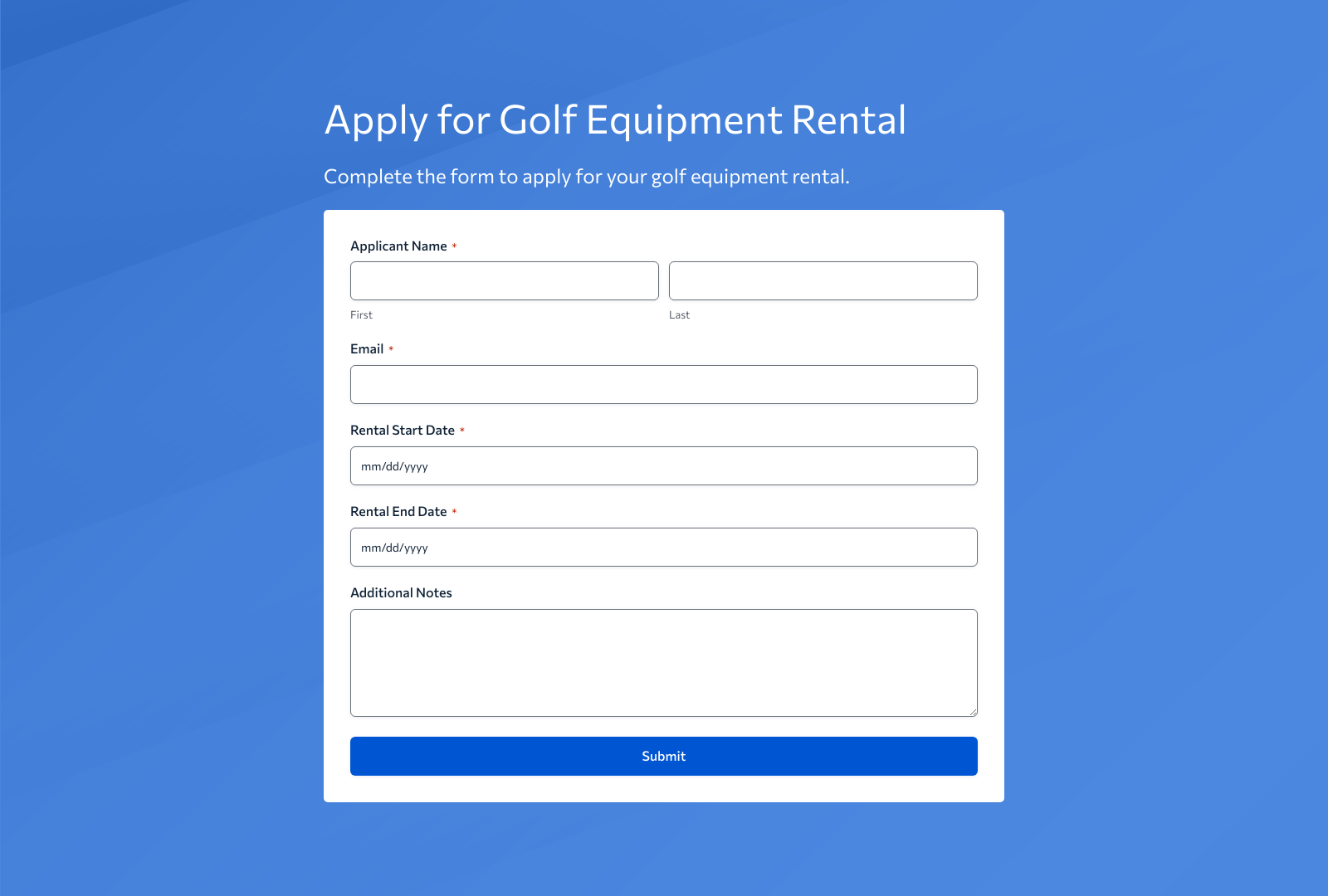 Golf Equipment Rental Application Form Template with fields for renter details and equipment type.