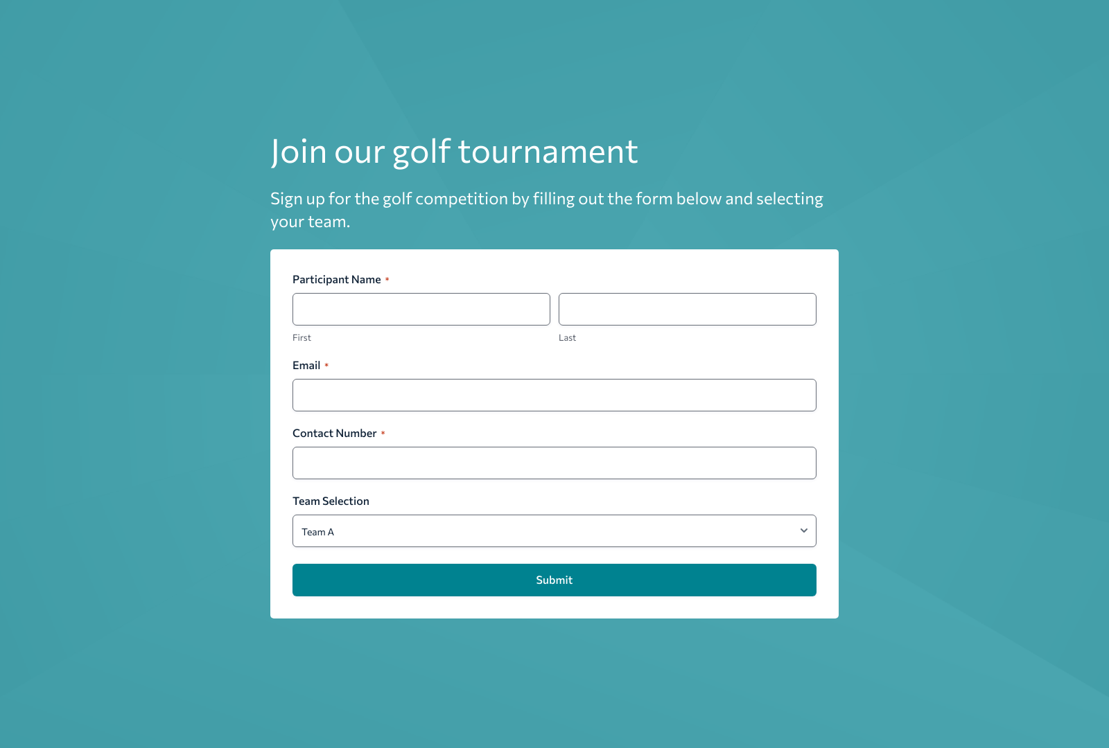 Golf Registration Form Template with fields for participant details and team selection.