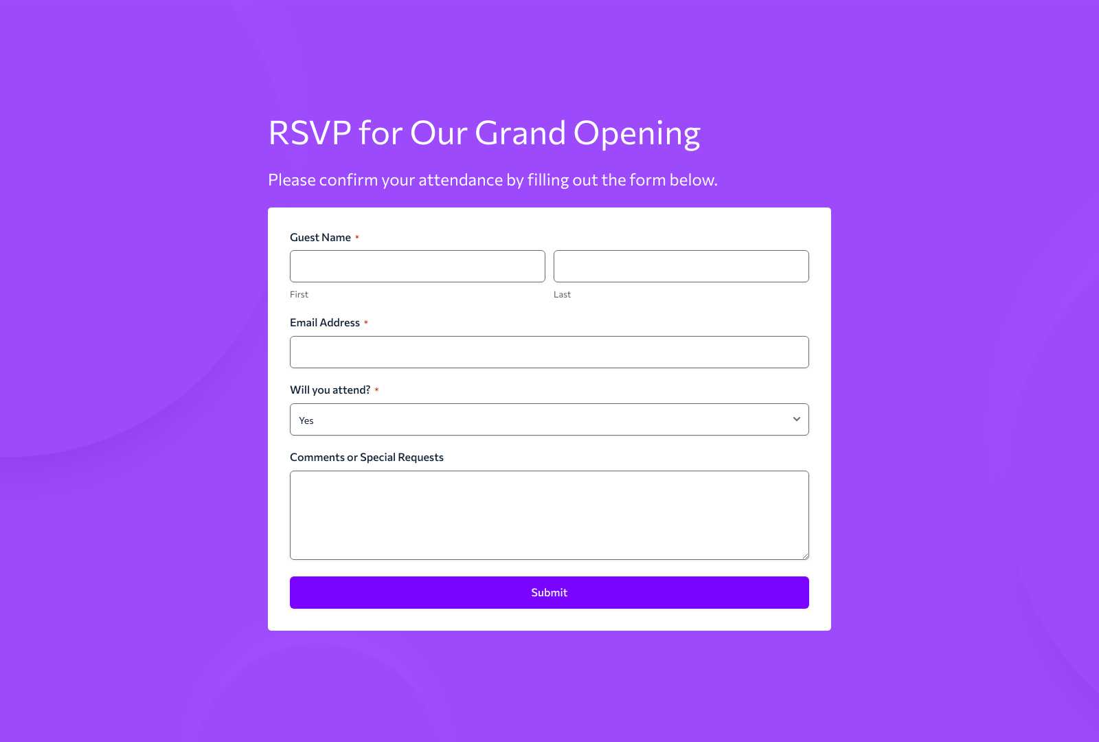 Grand Opening Invitation Form Template with RSVP fields and submit button.