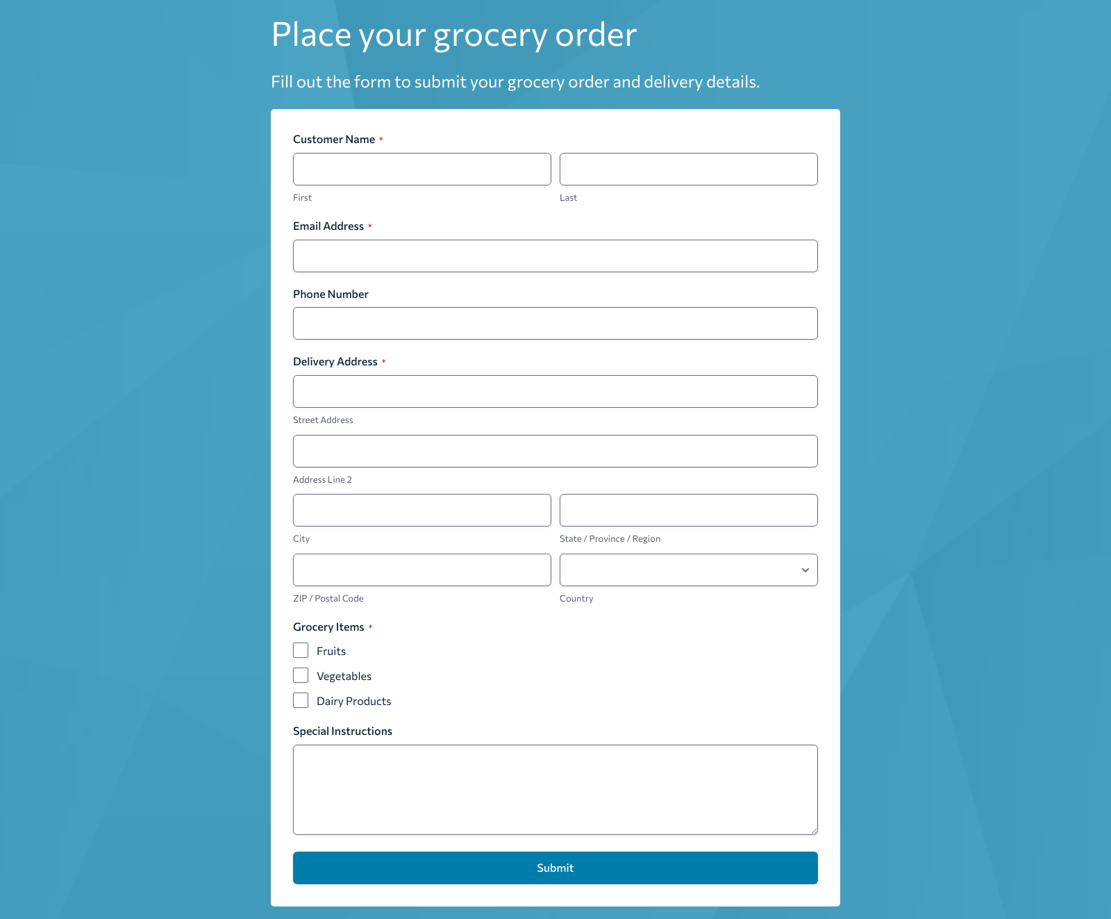 Grocery Order Form Template showing input fields, submit button, and layout for collecting grocery orders.