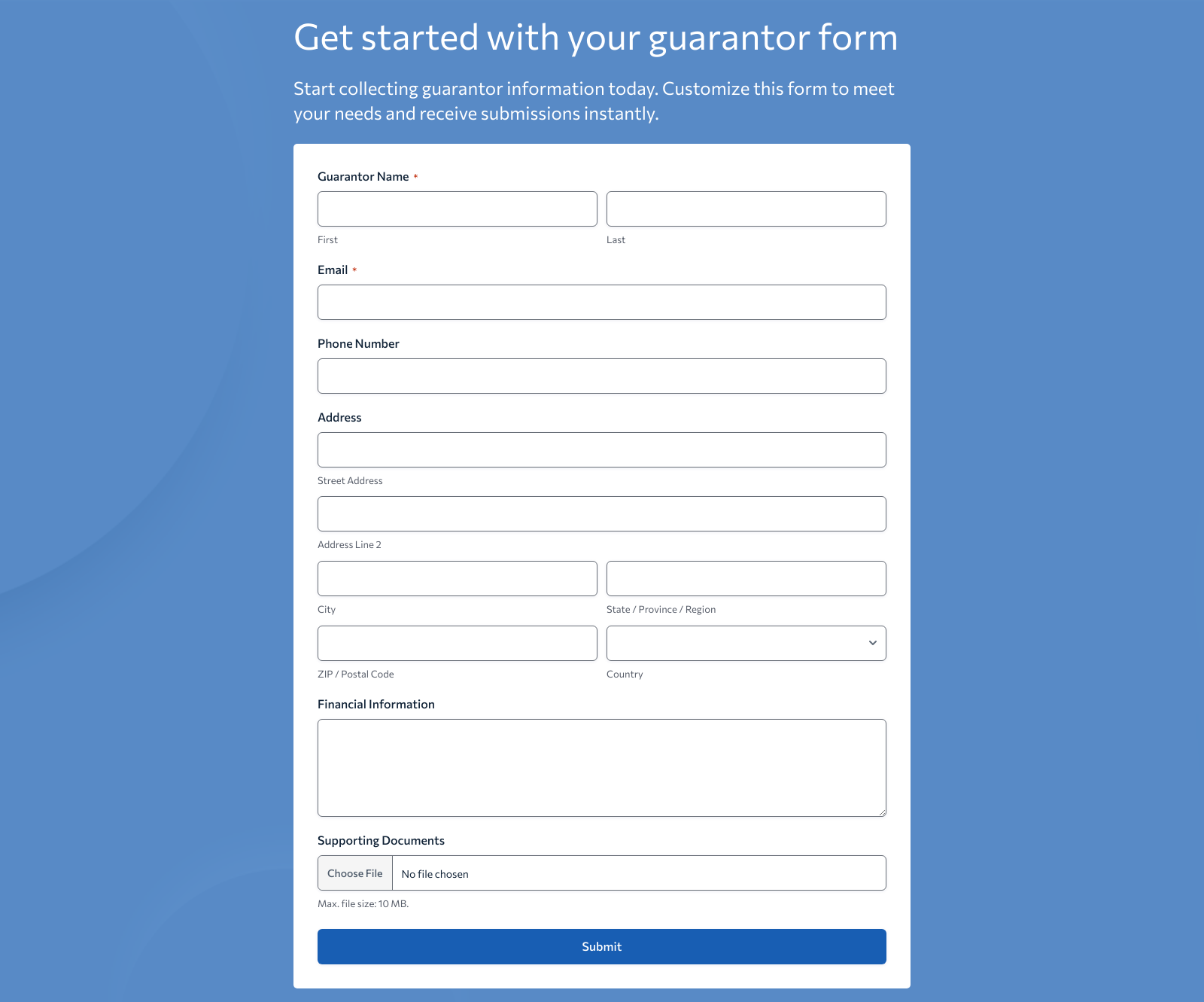 Guarantor Form Template with fields for name, contact, and relationship, plus submit button.