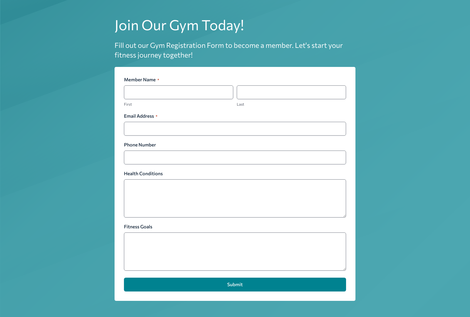 Gym Registration Form Template showing fields for personal info, fitness goals, and health conditions.