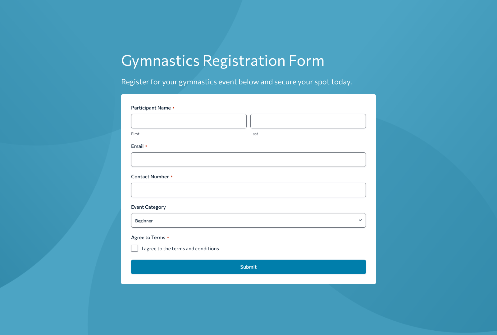 Gymnastics Registration Form Template with fields for participant details and submit button.