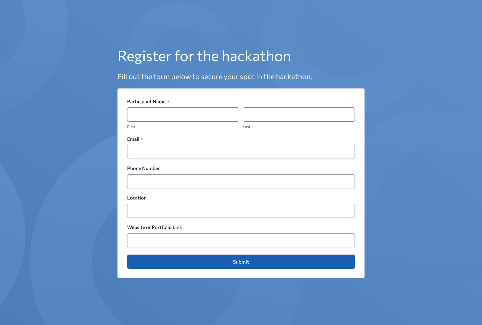 Hackathon Registration Form Template with fields for participant details and team preferences.