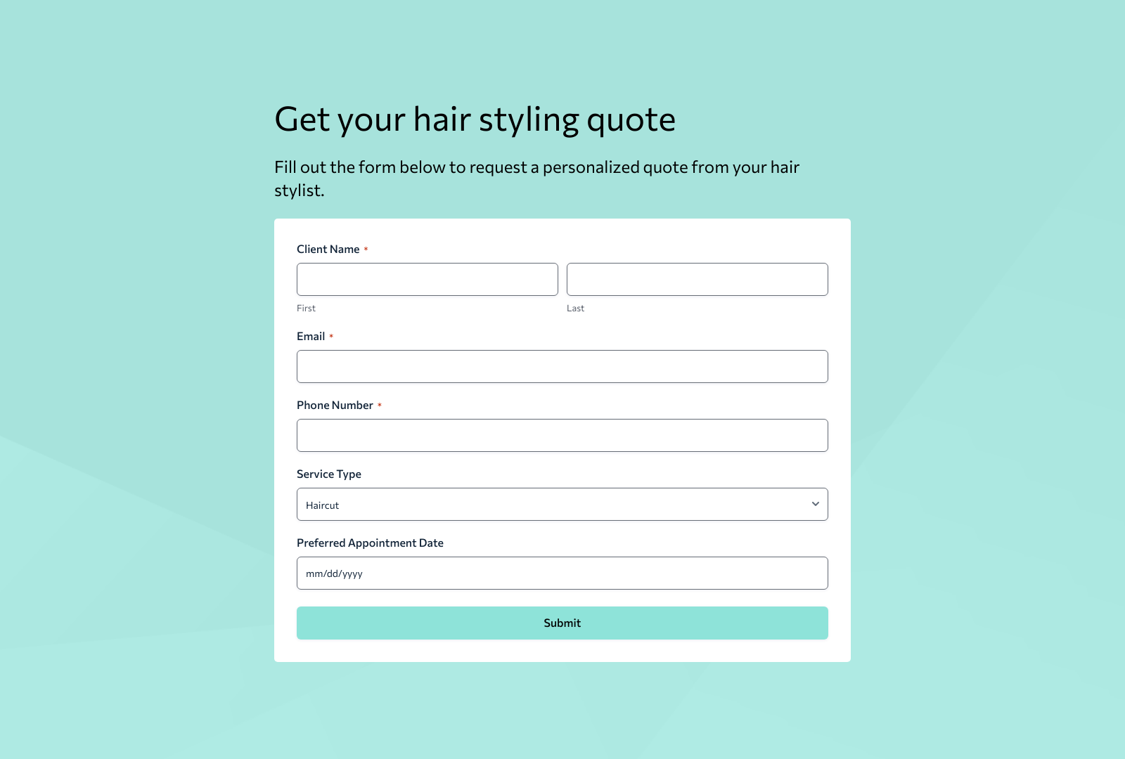 Hair Stylist Quote Form Template showcasing input fields for client details and quote requests.
