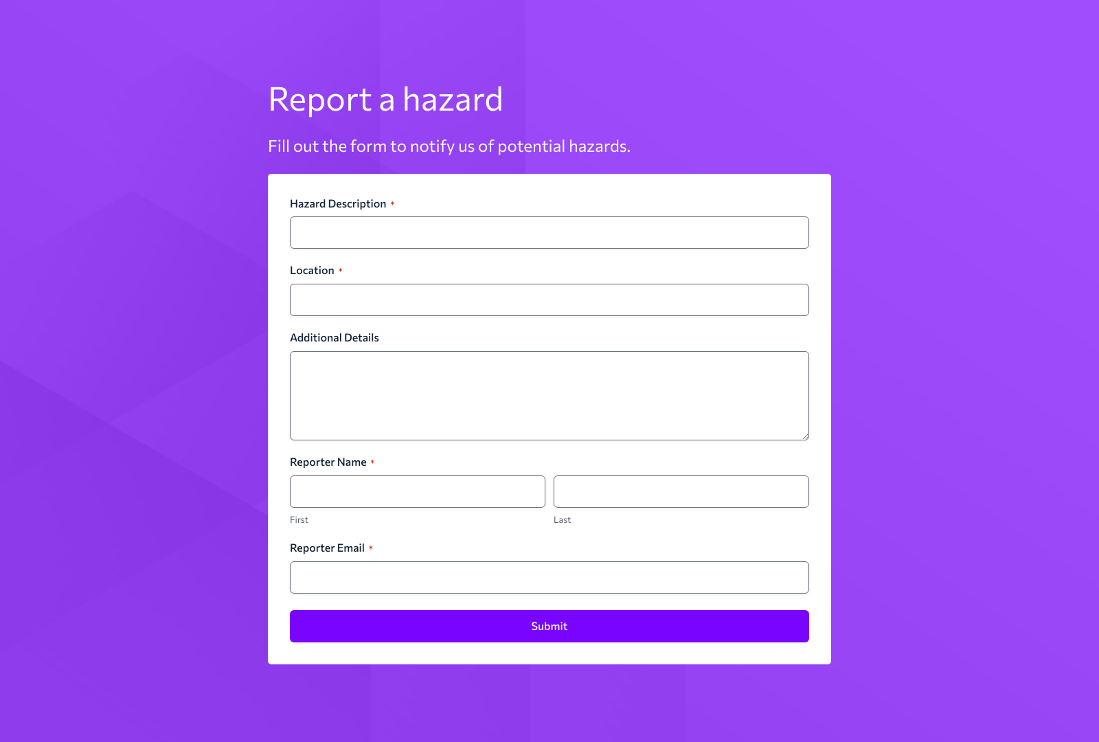 Hazard Report Form Template, featuring fields for incident details, location, and contact information.