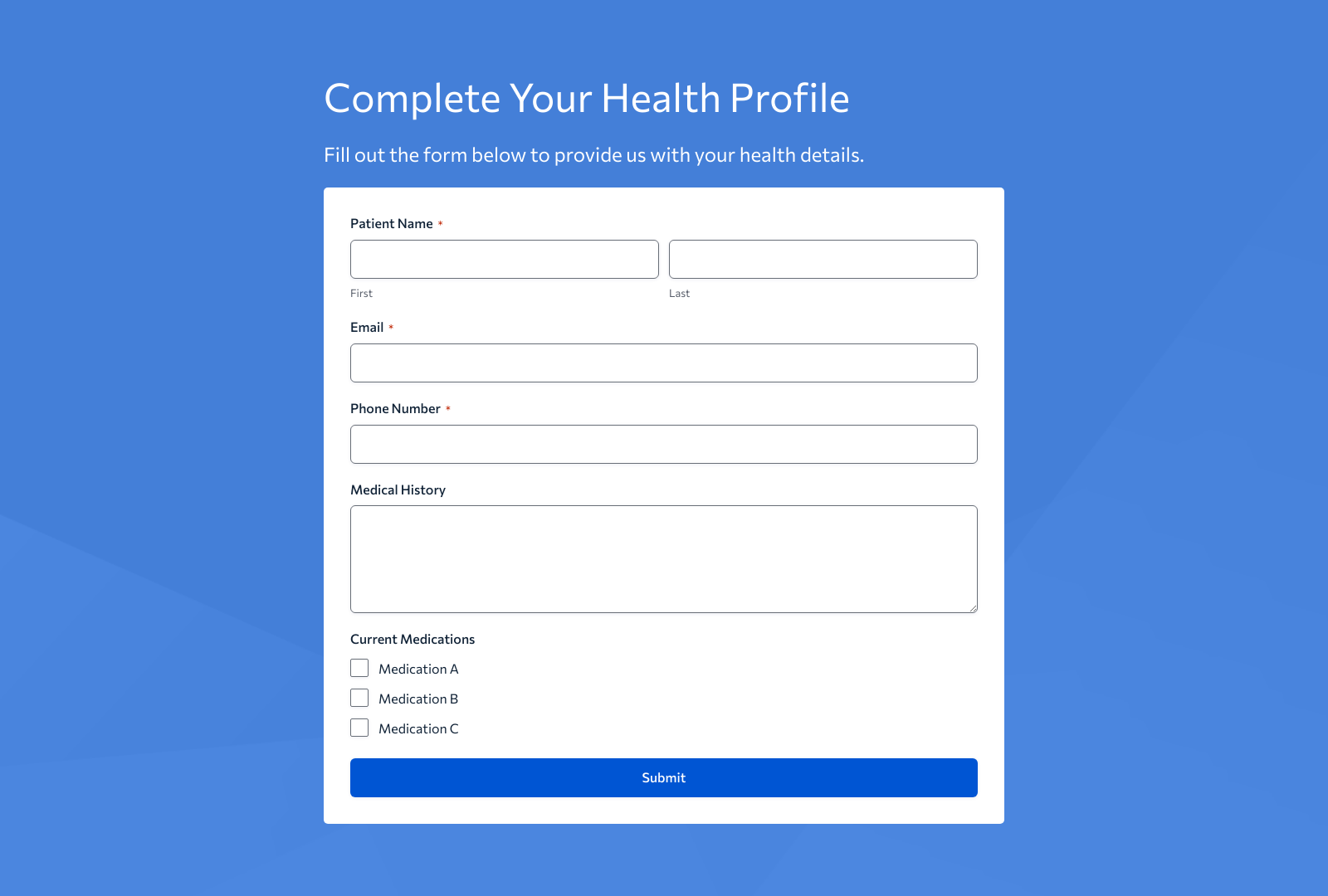 Health Profile Form template showing fields for patient info and submit button.