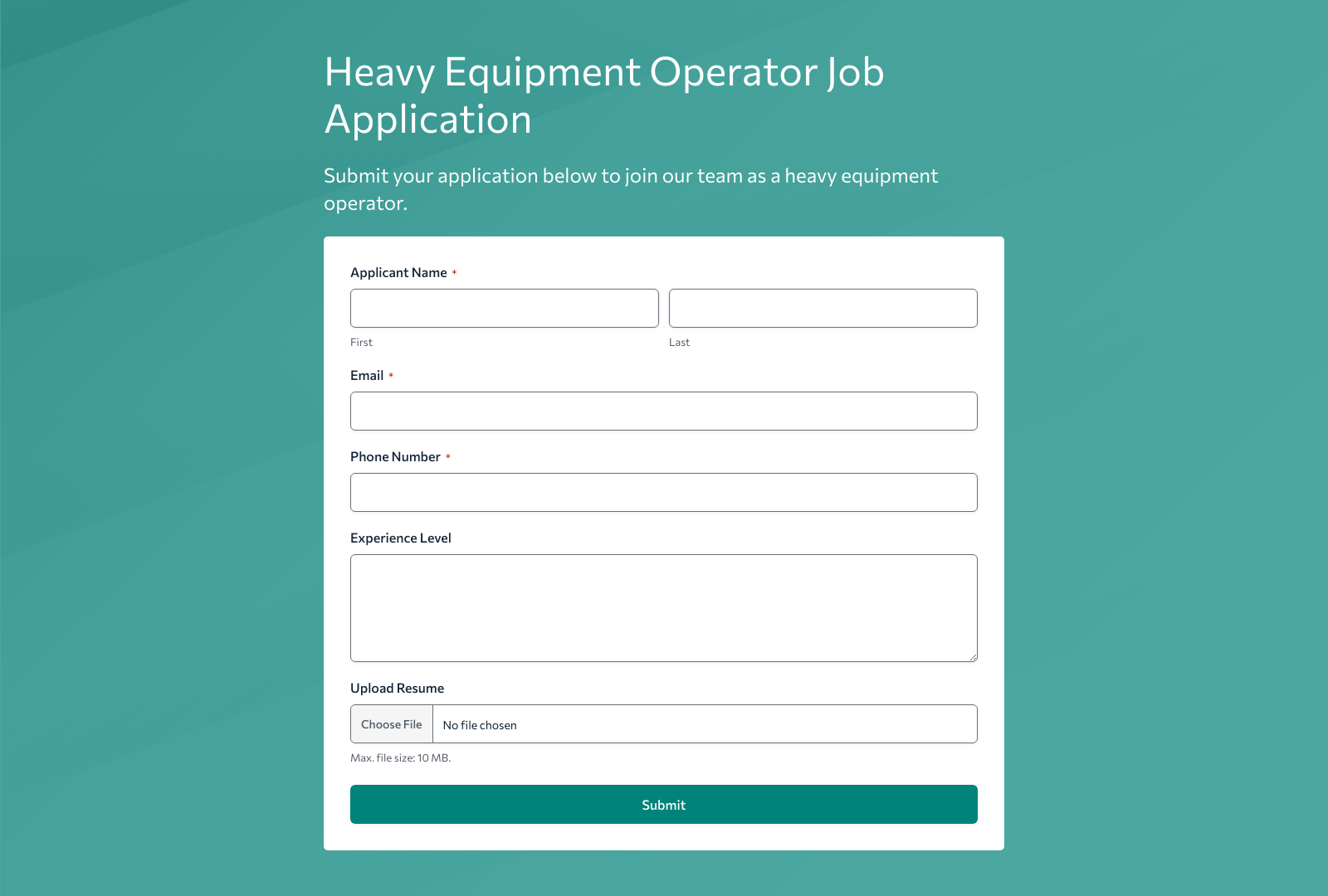 Heavy Equipment Operator Job Application Form Template with fields for candidate details and submit button.
