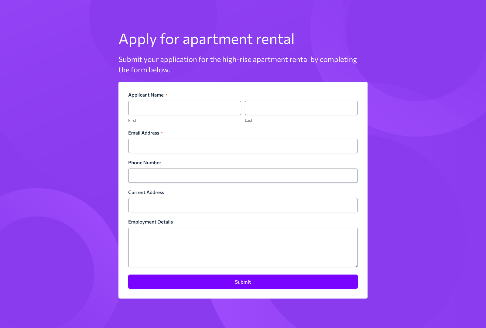 High-Rise Apartment Rental Application Form Template with fields for tenant information and submit button.