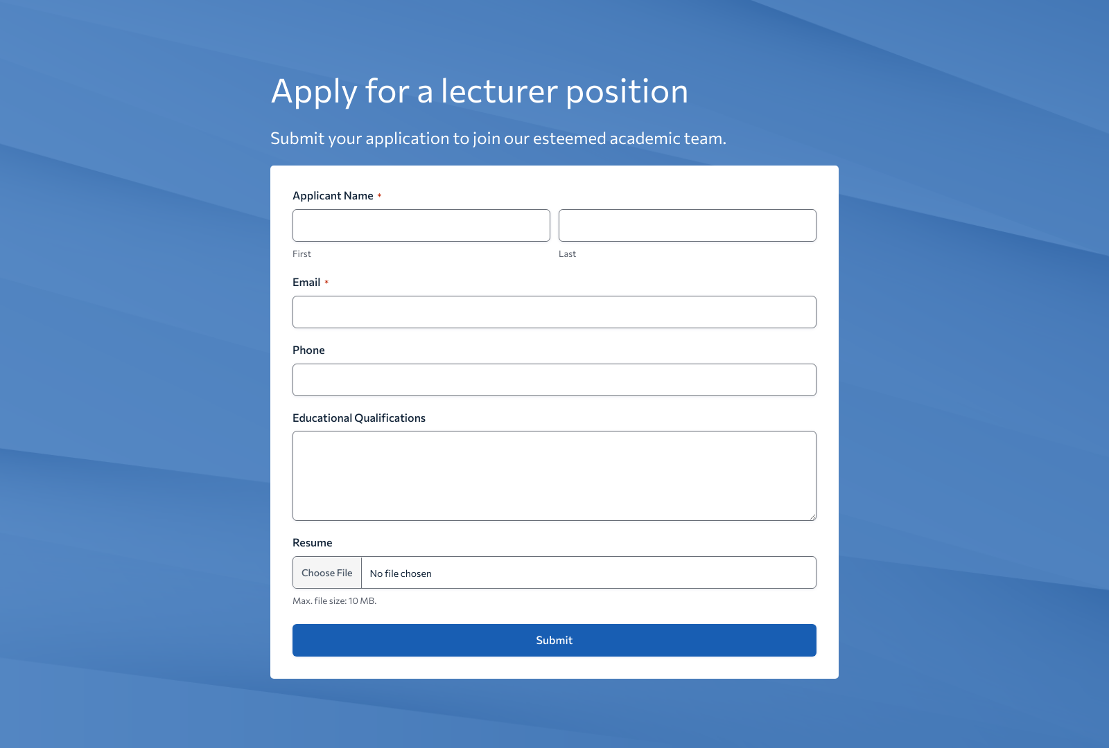 Higher Education Lecturer Job Application Form Template with fields for personal details, qualifications, and experience.