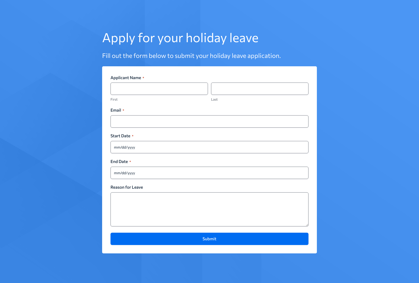 Holiday Application Form Template with fields and submit button for leave requests.