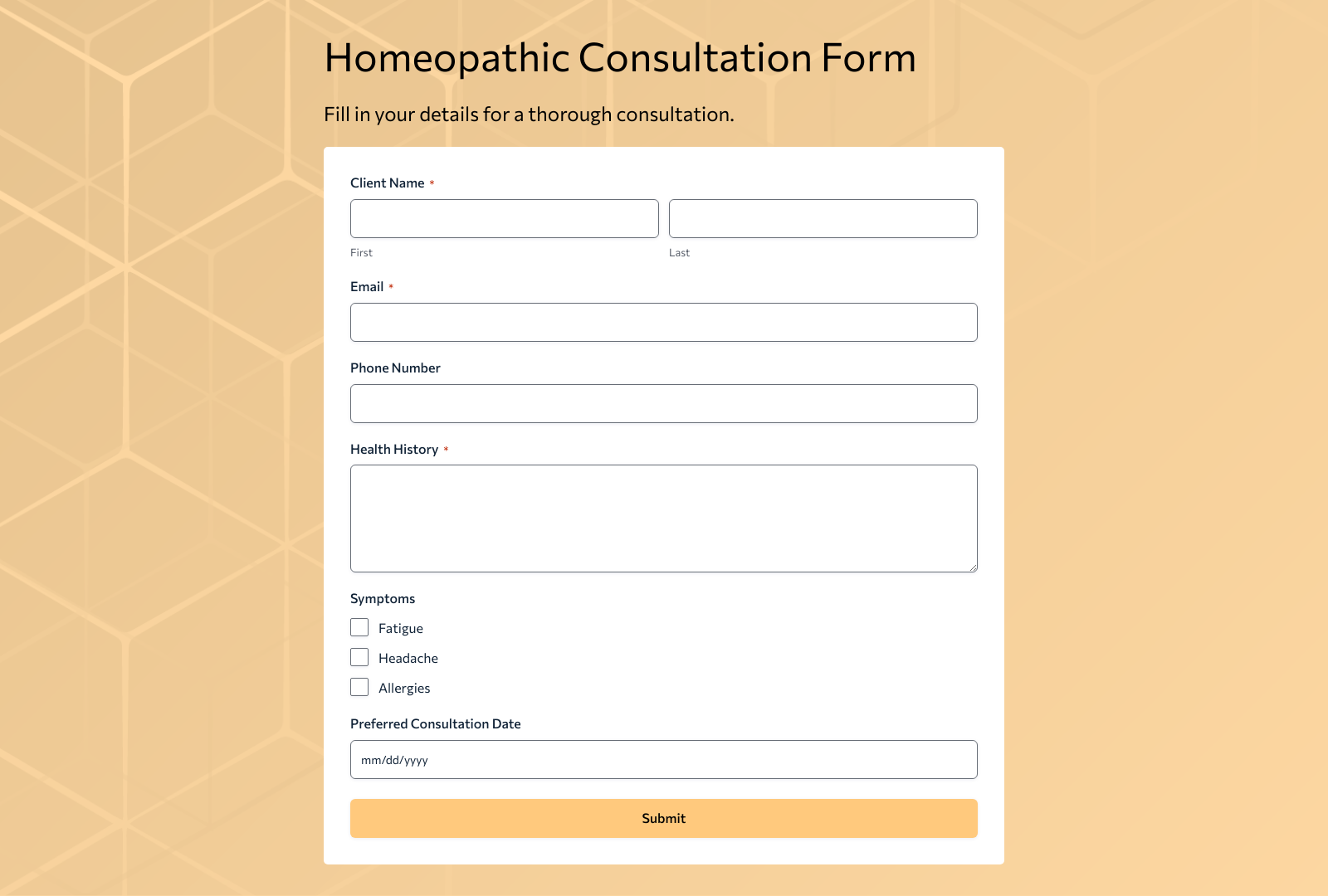 Homeopathic Consultation Form Template with fields for client information and consultation details.