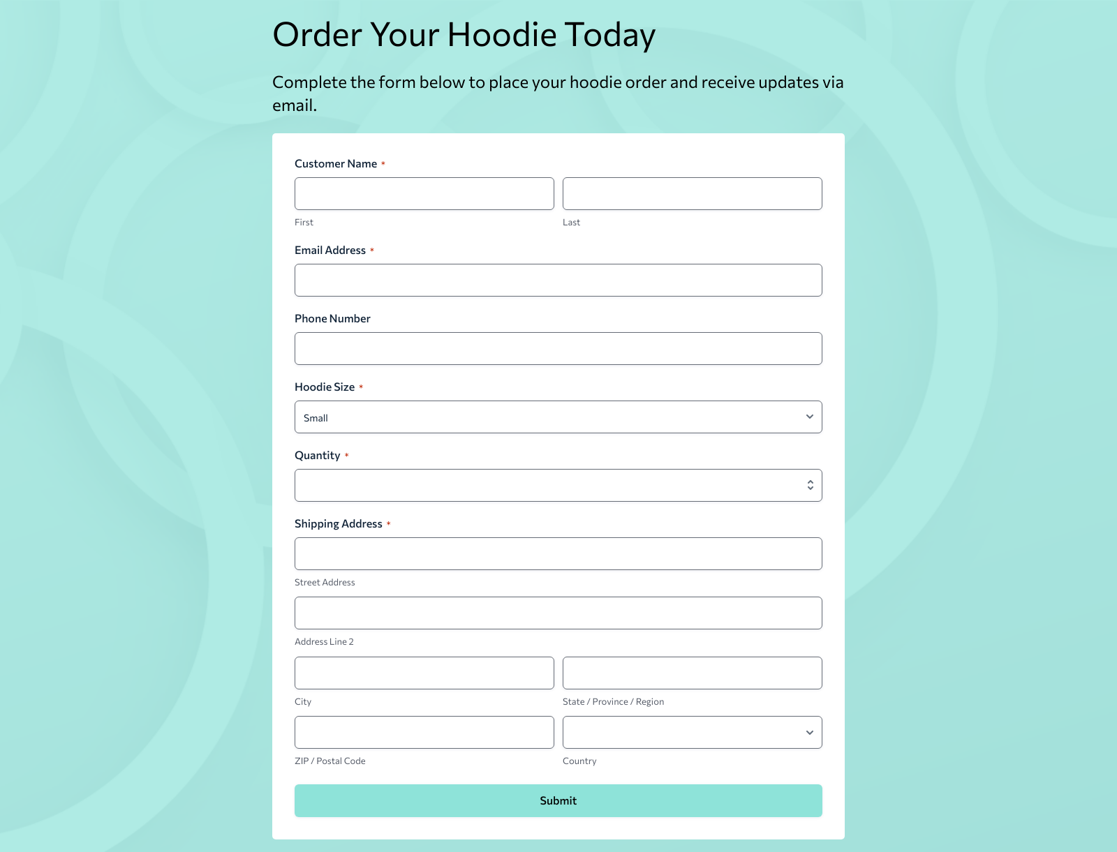 Hoodie Order Form Template with fields for size, color, quantity, and Stripe payment button.