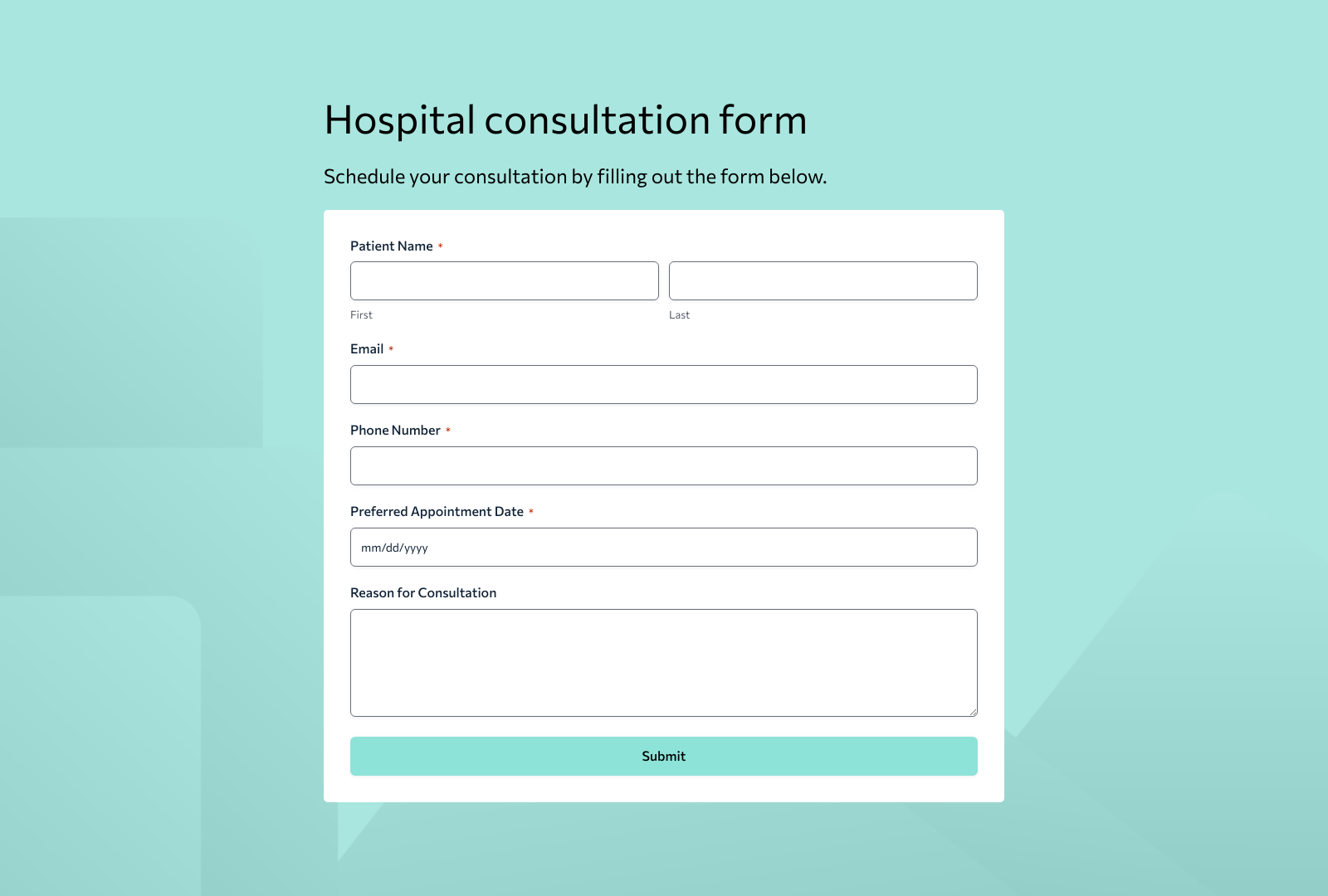 Hospital Consultation Form Template with fields for patient details, consultation date, and submit button.