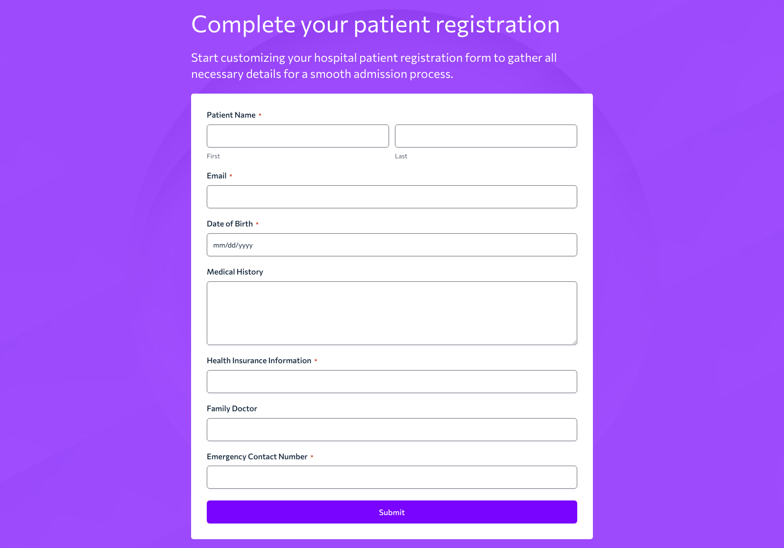 Hospital Patient Registration Form Template showing fields for patient details and contact information.