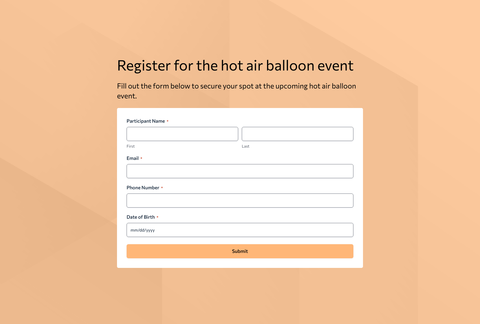 Hot Air Balloon Registration Form Template showing fields for participant details and submission button.