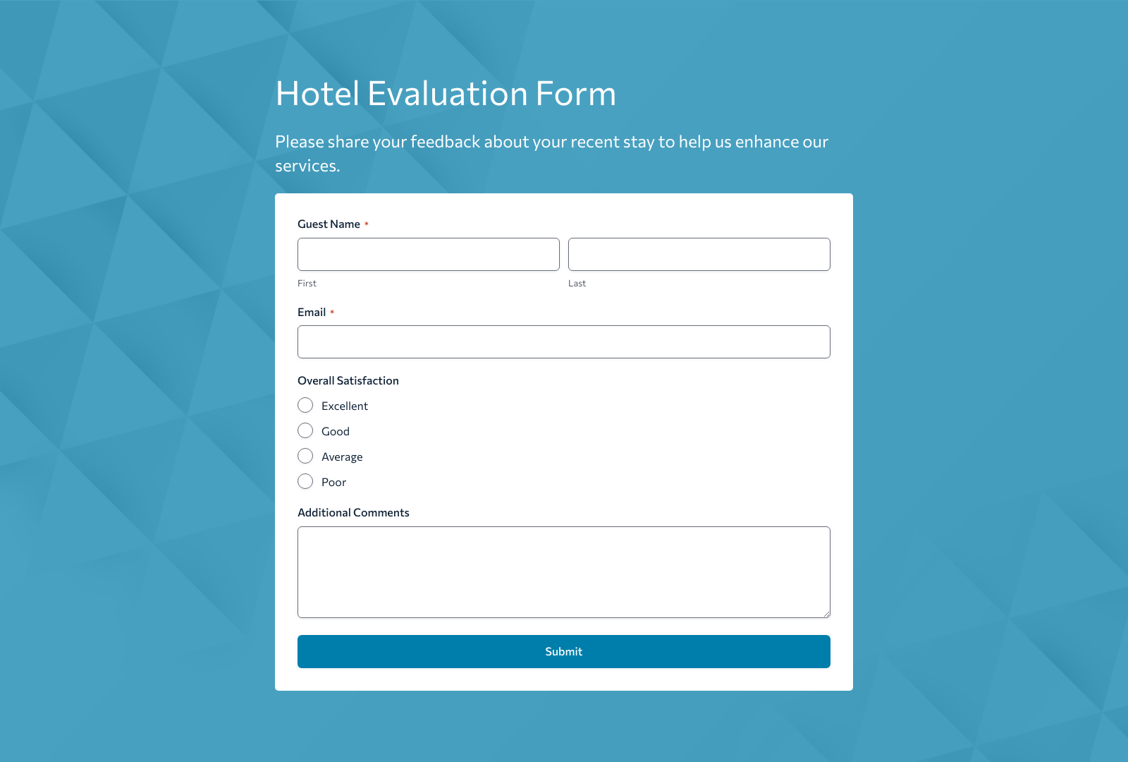 Hotel Evaluation Form Template showing input fields, submit button, and customizable layout.