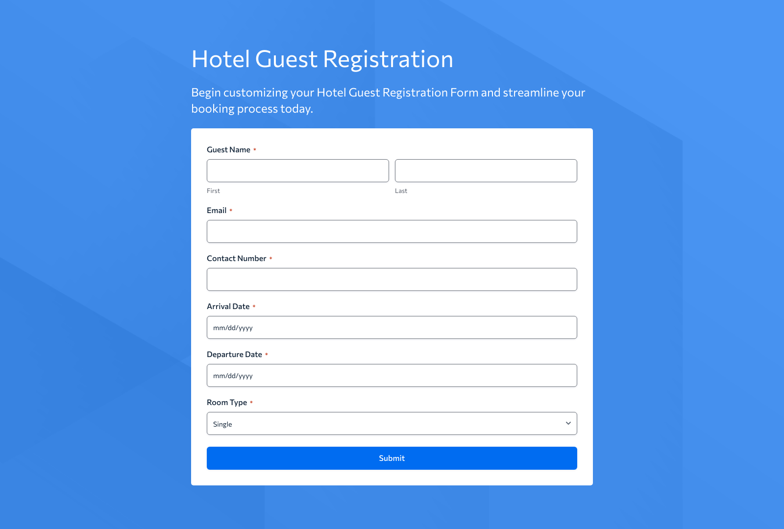 Hotel Guest Registration Form Template showing fields for guest details and booking information.