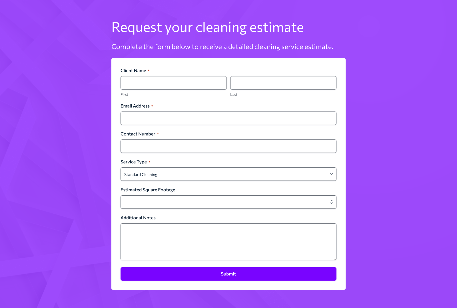 Housekeeper Estimate Form Template showing fields for service details, date, and client contact information.