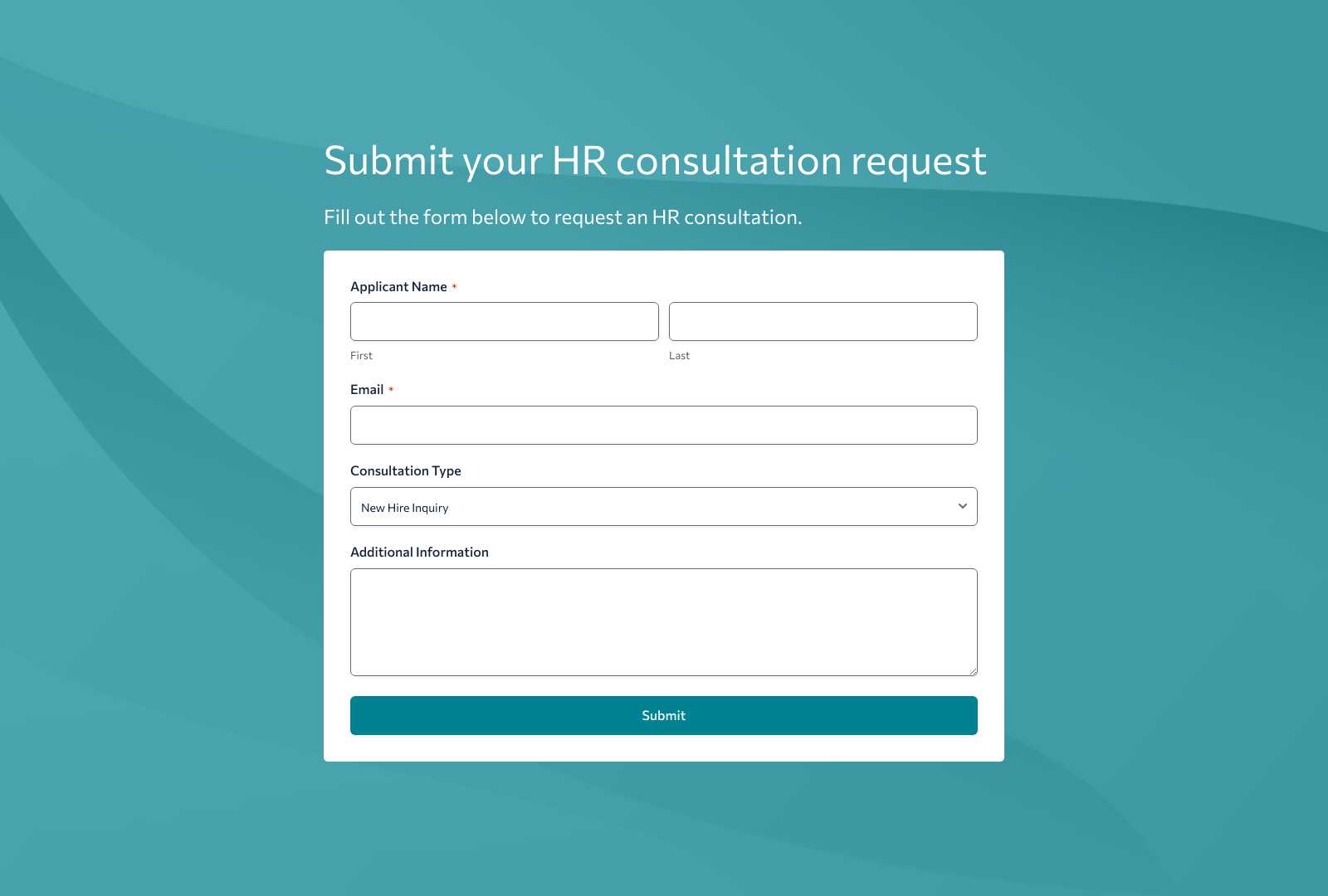 HR Consultation Form Template with fields for applicant name, contact details, and inquiry details.
